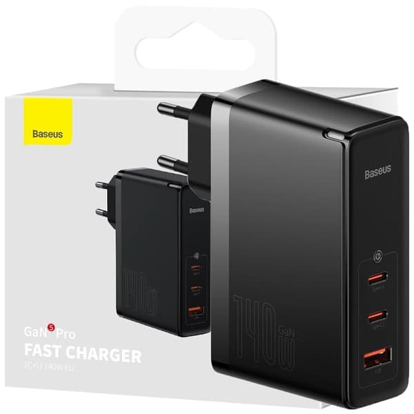 Baseus GaN5 Pro hurtiglader 2xUSB-C+USB 140W EU svart (CCGP100201)