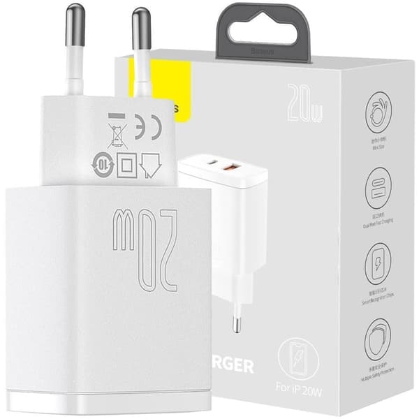 Baseus Kompakt rask USB / USB Type C-lader 20W 3A Strømforsyning Quick Charge 3.0 hvit (CCXJ-B02)