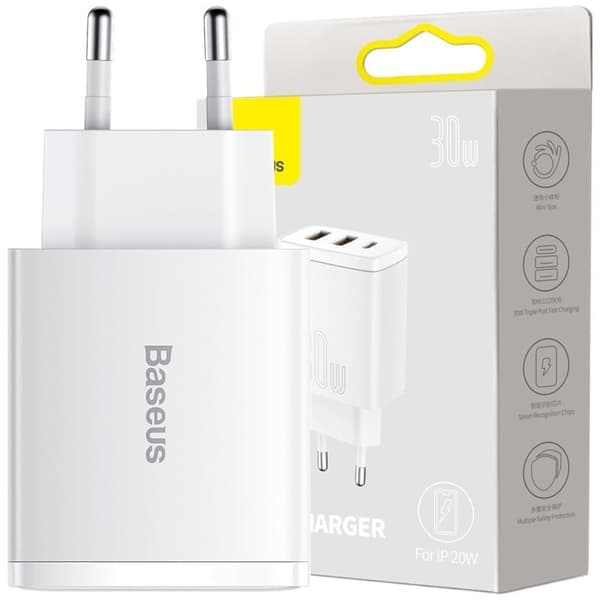 Baseus Kompakt hurtiglader 2x USB / USB Type C 30W 3A Strømforsyning Hurtiglading hvit (CCXJ-E02) Valkoinen
