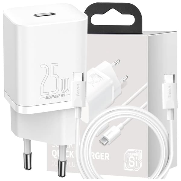 Baseus Si USB-C 25W 3A hurtiglader USB-C / USB-C med 1m kabel - hvit Valkoinen