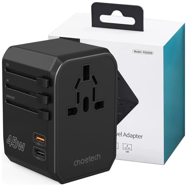 Choetech PD6045 USB-C USB-A 45W GaN reiselader med US EU UK AU-plugger - Svart
