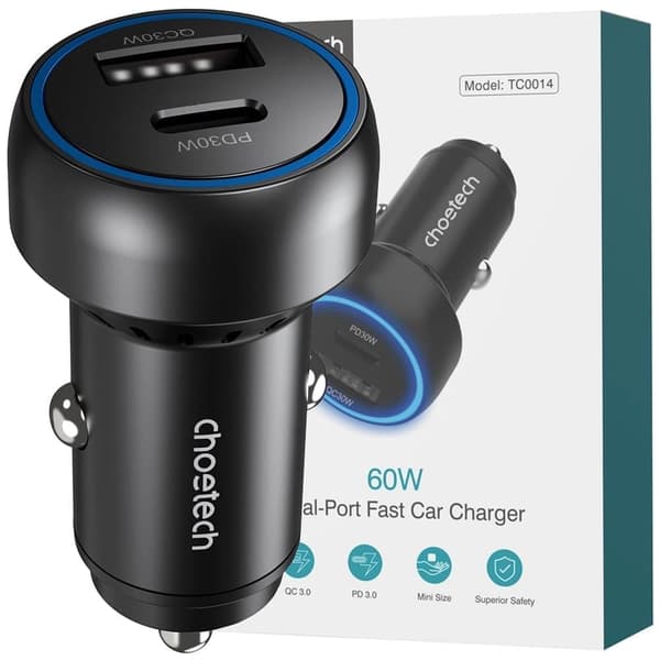 Choetech TC0014 USB-C USB-A PD 60W billader med LED-bakgrunnsbelysning - Svart