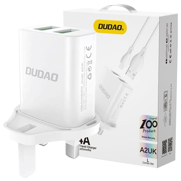 Dudao nettlader UK-plugg (Storbritannia) 2xUSB-A 2.4A hvit + USB-A - USB-C-kabel hvit