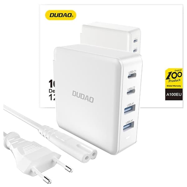 GaN 100 W hurtiglader 2 x USB-C / 2 x USB Dudao A100EU - hvit Valkoinen