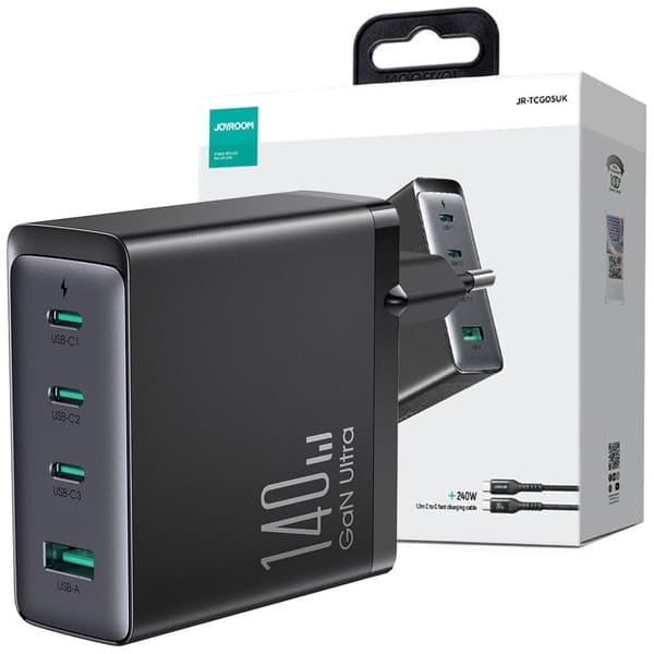 GaN 140 W hurtiglader 3 x USB-C / USB-A Joyroom JR-TCG05EU - svart + USB-C - USB-C 240 W 1,2 m kabel