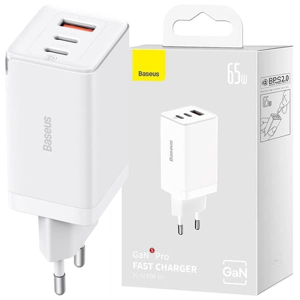 GaN hurtiglader 2xUSB C 1xUSB 65W Baseus GaN5 Pro + USB C - USB C 100W kabel - hvit