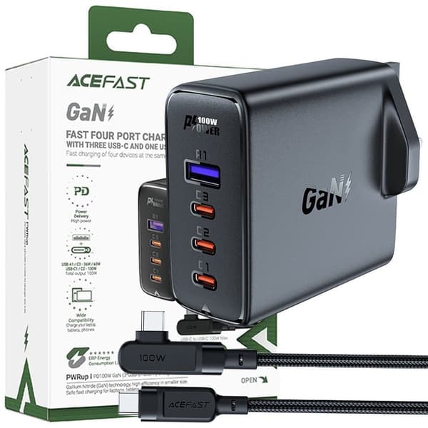 GaN UK 100 W Power Delivery hurtiglader 3x USB C 1x USB - svart