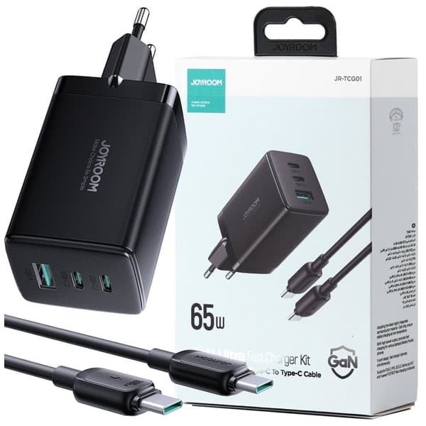 Joyroom rask GaN-lader 65W USB, 2x USB C svart + USB C - USB C-kabel 100W 1,2m (TCG01)