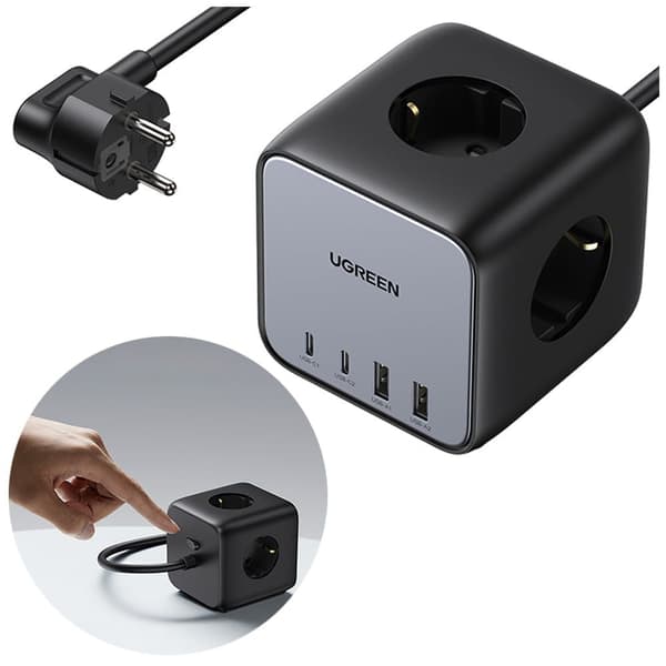 Ugreen cube skjøteledning 65W USB / USB C + 3x AC plugg svart (CD268)