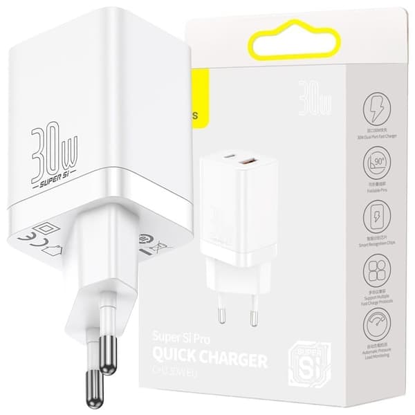 Baseus Super Si Pro rask USB / USB Type C-lader 30 W Strømforsyning Hurtiglading hvit (CCSUPP-E02)