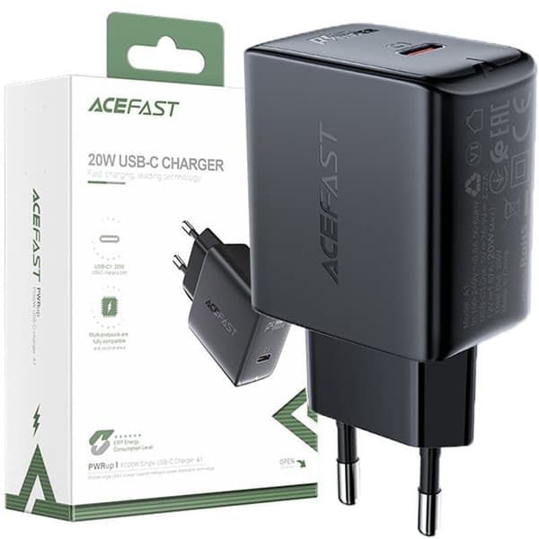 ACEFAST EFFEKTIV RASK NETTVERKSLADER 1X USB-C TYPE C 20W PD QC3.0 SVART