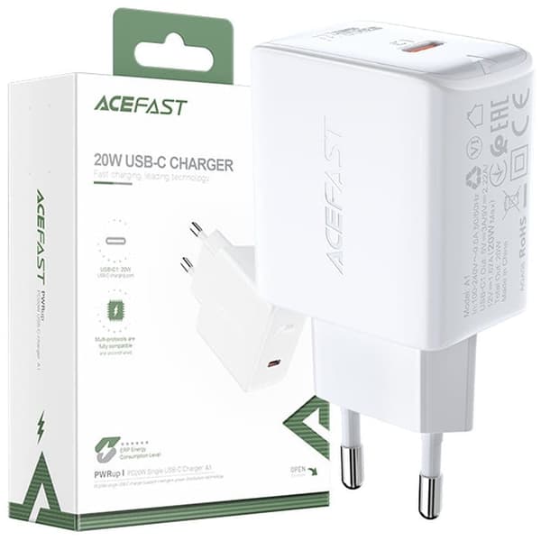 Acefast rask USB Type C 20W Power Delivery vegglader hvit (A1 EU hvit)