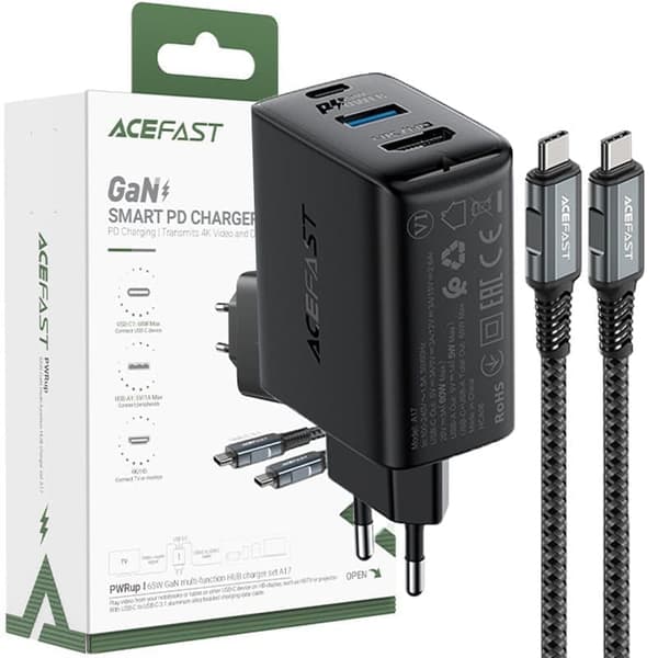 Acefast 2in1 GaN 65W USB Type C / USB-lader, HDMI-adapter 4K@60Hz (sett med kabel) svart (A17 svart)