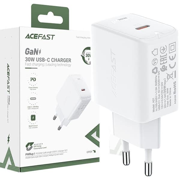 Acefast GaN USB Type C vegglader 30 W, PD, QC 3.0, AFC, FCP hvit (A21 hvit)