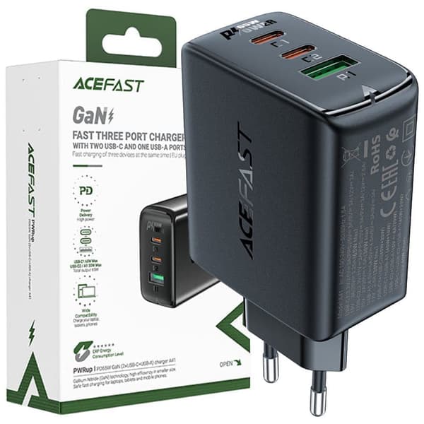 Acefast rask GaN-lader (2xUSB-C / USB-A) PPS / PD / QC4+ 65W svart (A41)