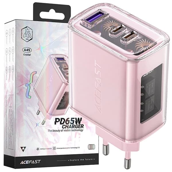 Acefast GaN-lader 65W 3 porter (1xUSB, 2xUSB C) rosa (A45)