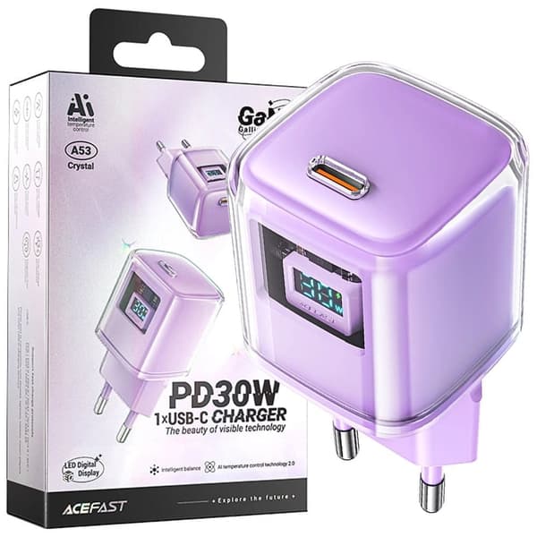 Acefast A53 PD 30W GaN USB-C-lader med skjerm - Lilla