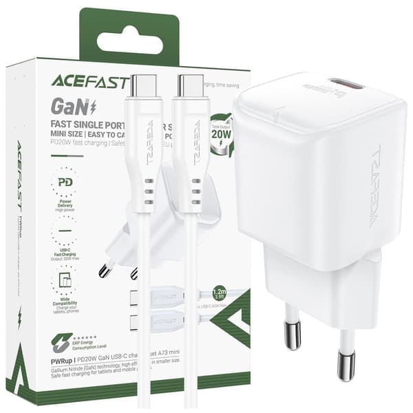 Acefast A73 Mini PD 20W GaN vegglader + USB-C kabel - hvit