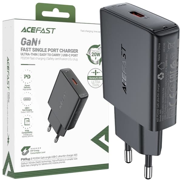 Acefast A65 PD 20W GaN USB-C vegglader - svart