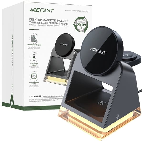 Acefast E17 MagSafe 3-i-1 induktiv lader + USB-A USB-C-kabel - svart