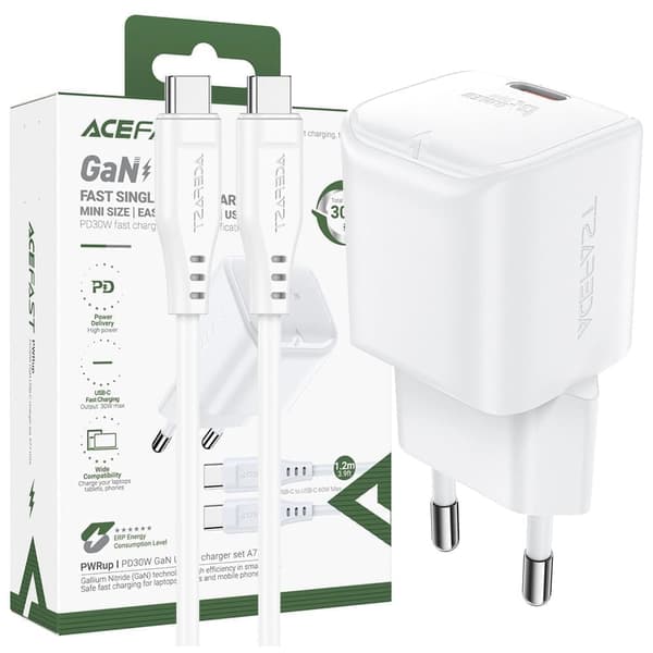 Acefast A77 Mini PD 30W GaN vegglader + USB-C kabel - hvit
