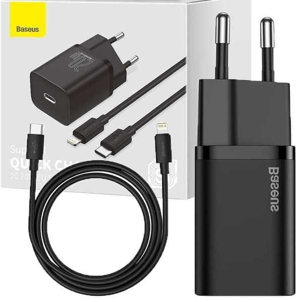 Baseus Super Si 1C rask USB Type C-lader 20W Strømforsyning + USB Type C - Lightning-kabel 1m svart (TZCCSUP-B01)