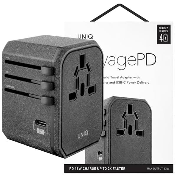 En unik gutt. til nettverket. Voyage World Adapter 33W + 2xUSB + PD 18W + QC 3.0 - grå (LITHOS Collective) Sort