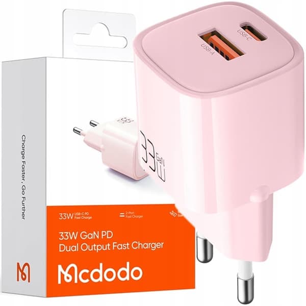 USB/USB-C lader, hurtig, nano, GaN 33W PD, rosa, McDodo