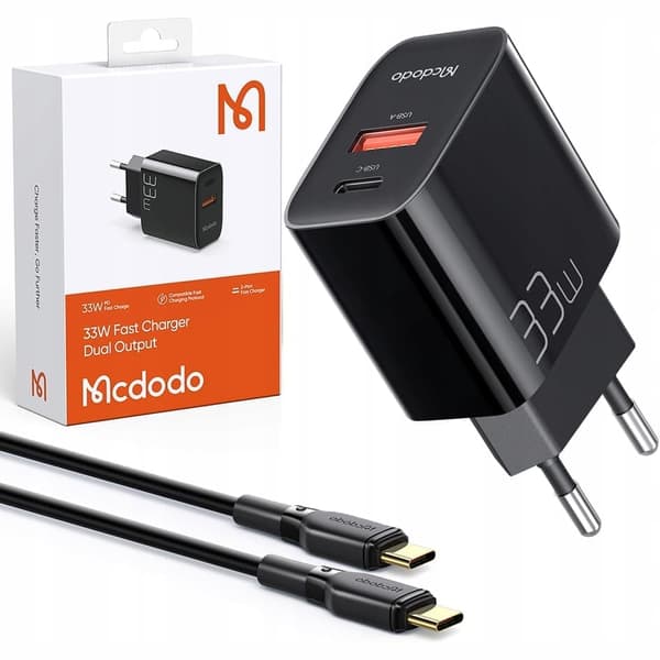 Mcdodo telefonlader, snabb, USB, USB-C, 33W, kabel inkludert, 60W, svart