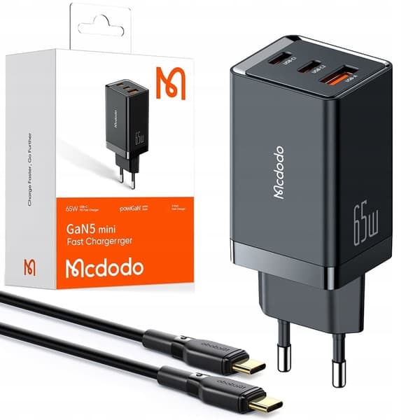 Mcdodo telefonladdare, GaN 5 PRO, Snabbladdning, USB-C, USB-A, 65W, ingår kaapeli, svart