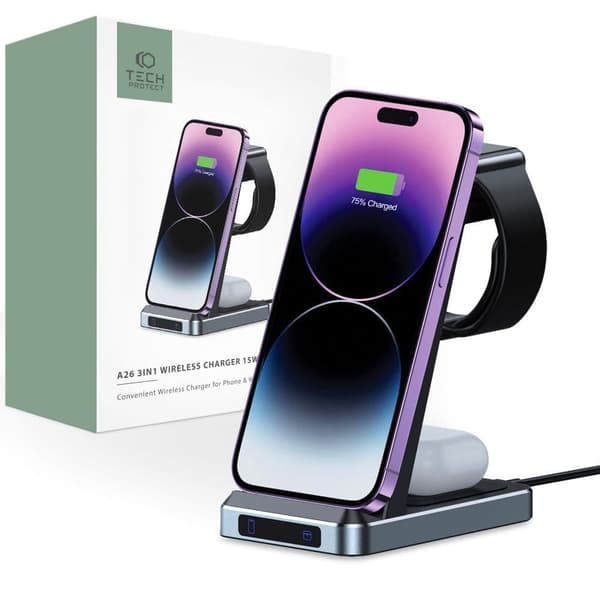 TECH-PROTECT QI15W-A26 3IN1 TRÅDLØS LADER SORT