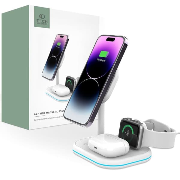 TECH-PROTECT QI15W-A27 3IN1 MAGNETISK MAGSAFE TRÅDLØS LADER HVITT