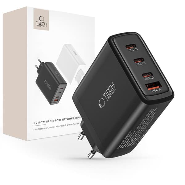 TECH-PROTECT NC100W-GAN 4-PORTS NETTVERKSLADER PD100W/QC3.0 SVART