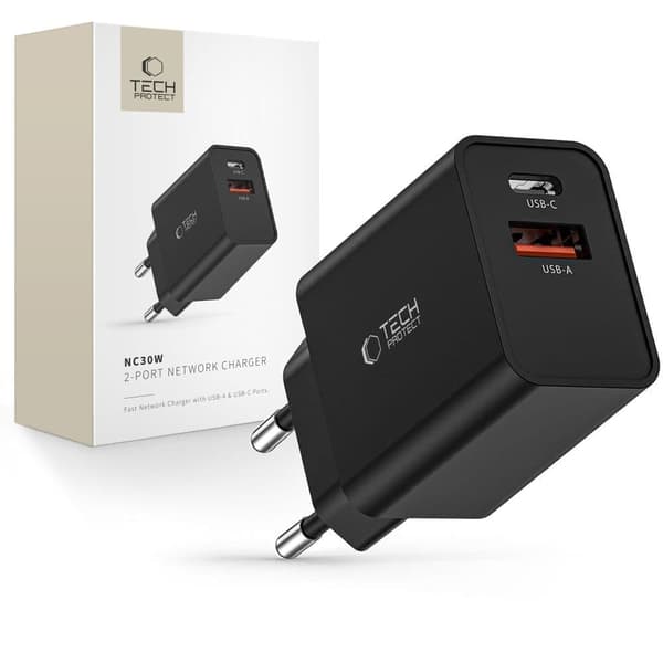 TECH-PROTECT NC30W 2-PORTS AC-LADER PD30W/QC3.0 SVART