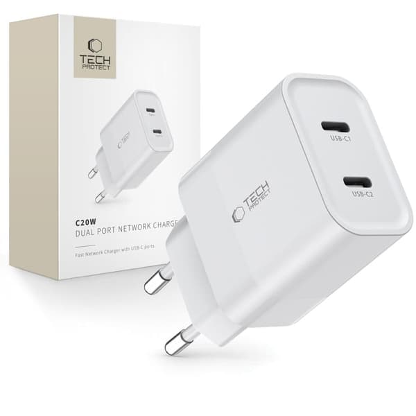 TECH-PROTECT C20W 2-PORTS STRØMLADER PD20W HVIT