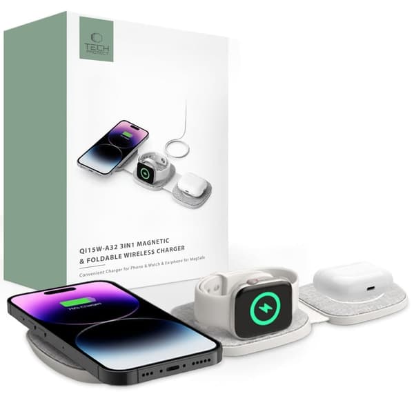 TECH-PROTECT QI15W-A32 3IN1 MAGNETISK MAGSAFE TRÅDLØS LADER GRÅ