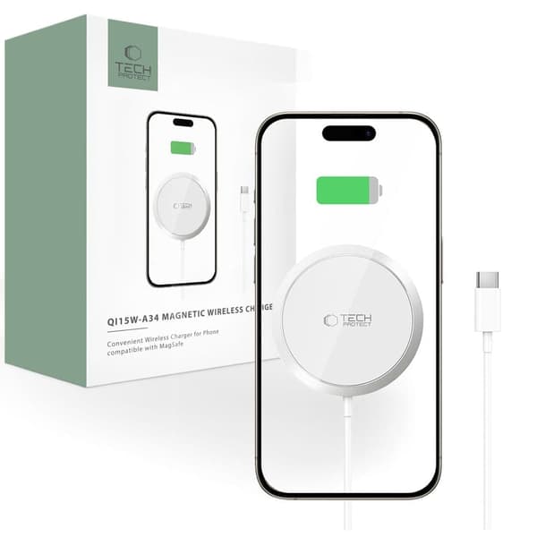 TECH-PROTECT QI15W-A34 MAGNETISK MAGSAFE TRÅDLØS LADER HVITT