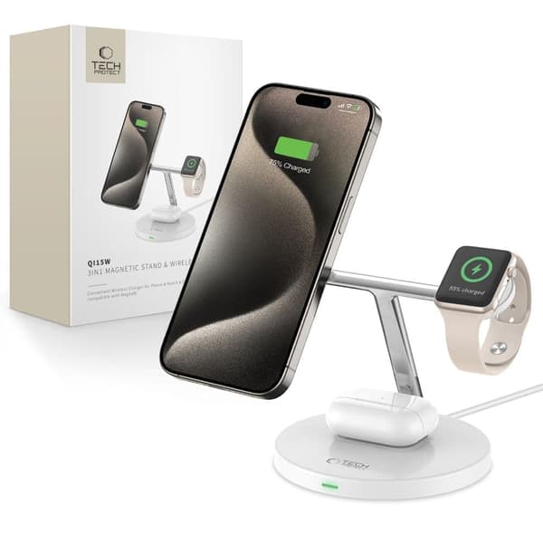 TECH-PROTECT QI15W-A35 3IN1 MAGNETISK MAGSAFE TRÅDLØS LADER HVITT