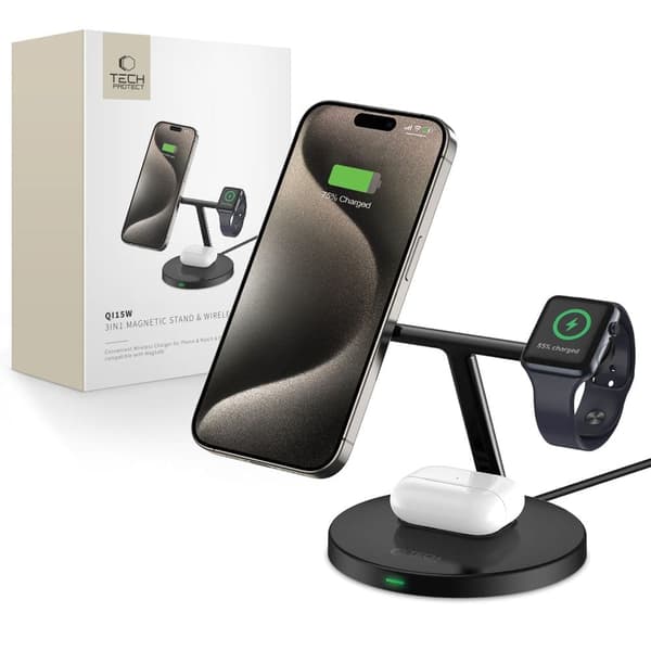 TECH-PROTECT QI15W-A35 3IN1 MAGNETISK MAGSAFE TRÅDLØS LADER SORT