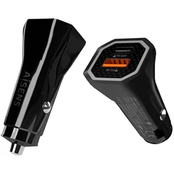 AISENS - ASCH-CAR2PQC-BK - Billaddare 38 W, 1 x USB-C PD3.0 20 W, 1 x USB-A QC3.0 18 W, Svart