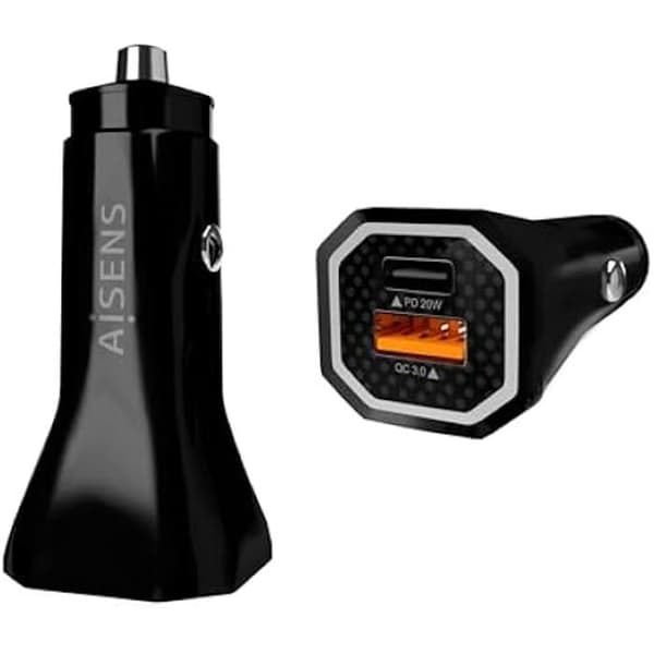 AISENS - ASCH-CAR2PQC-BK - Billaddare 38 W, 1 x USB-C PD3.0 20 W, 1 x USB-A QC3.0 18 W, Svart Svart