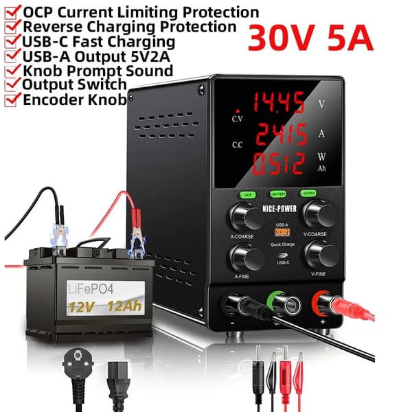 Justerbar Lab Strømforsyning, 30V/10A, 60V/5A, Høj Præcision, Hurtige Opladningsporte,30V5A OCP, 220V EU STIK
