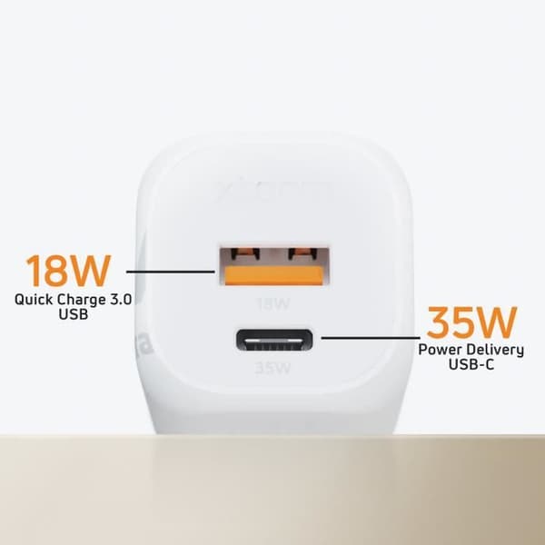 GaN² Sektorladdare 35W USB C + USB Kompaktformat Xtorm Vit