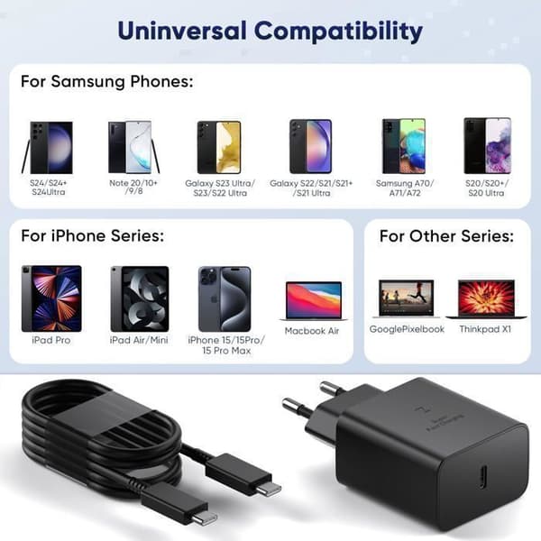 45W Samsung Snabb Laddare, USB Typ C Kabel Kompatibel med Samsung Galaxy S24, S23, S25 Ultra/S21 FE 5G/Note 20 m.fl., Svart (2m)