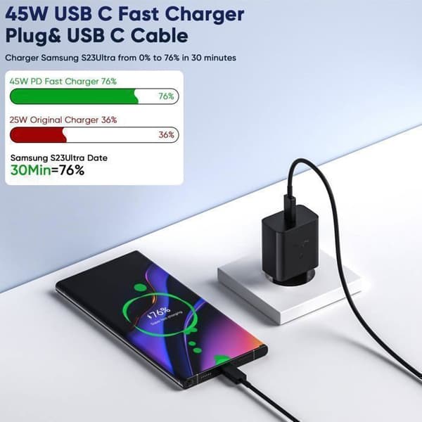 45W Samsung Snabb Laddare, USB Typ C Kabel Kompatibel med Samsung Galaxy S24, S23, S25 Ultra/S21 FE 5G/Note 20 m.fl., Svart (2m)