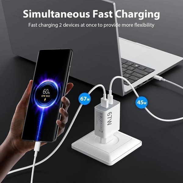 67W snabbladdare med USB C-kabel för Redmi Note 12 Pro 11 11s,2-portars USB-laddare med PD 45W,turboladdare för Xiaomi
