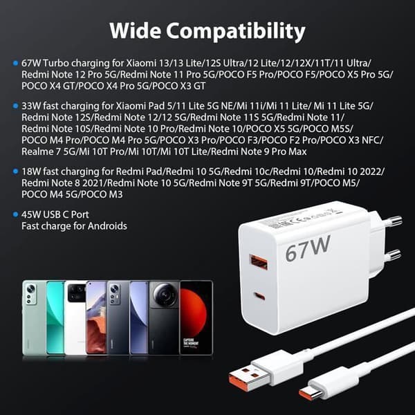 67W snabbladdare med USB C-kabel för Redmi Note 12 Pro 11 11s,2-portars USB-laddare med PD 45W,turboladdare för Xiaomi