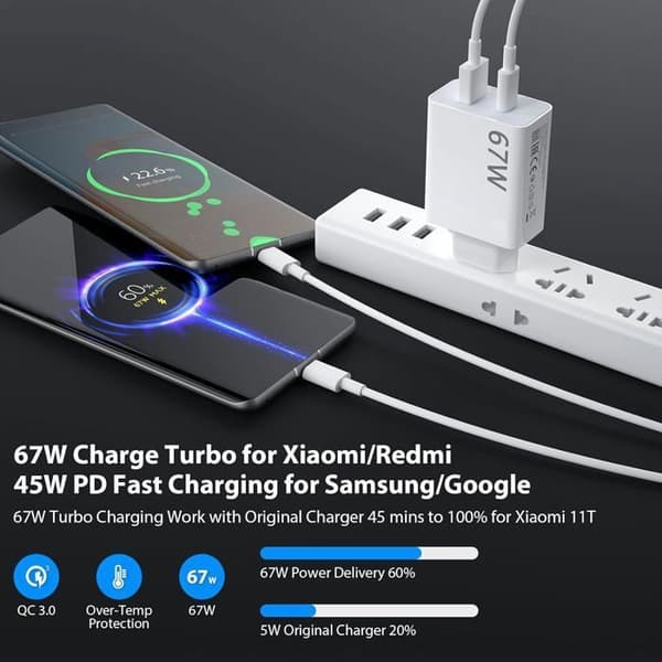 67W snabbladdare med USB C-kabel för Redmi Note 12 Pro 11 11s,2-portars USB-laddare med PD 45W,turboladdare för Xiaomi