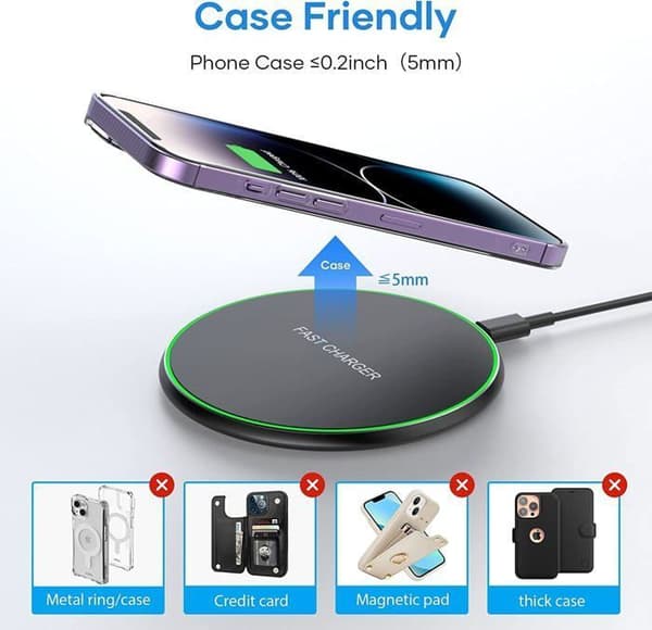 Snabb trådlös laddare, Qi induktionsladdare kompatibel med iPhone 14/13/12/11/Pro/XS Max/XR/XS/X/8, AirPods, Samsung Galaxy etc