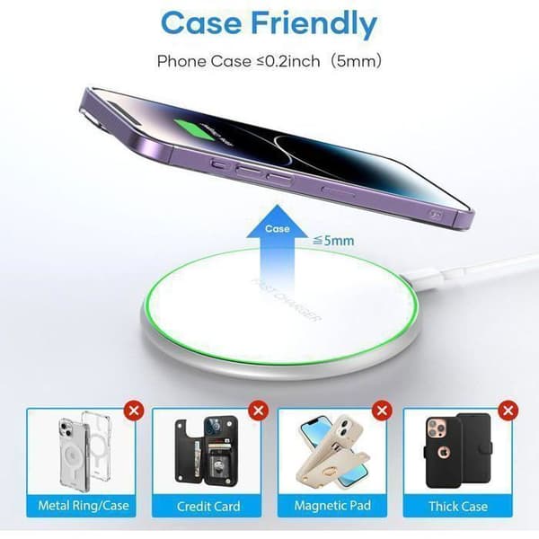 Trådlös laddare, 15W induktionsladdare Laddningsplatta för iPhone, Samsung Galaxy, AirPods 2/3/Pro, Huawei, Xiaomi - Vit